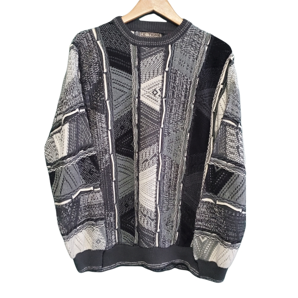 Le Tigre Vintage 1980s Cosby Crew Neck Men's Sweater XL Black White Grey
